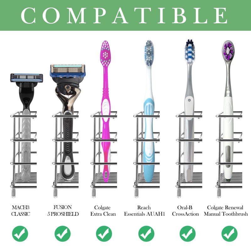 Linkidea Toothbrush Holder for Shower, Bathroom, Stainless Steel Tooth Brush Storage Stand Rack, Wallmount/Countertop 7 Slot Organizer Compatible with Colgate Extra Clean, Oral-B CrossAction - Image 2